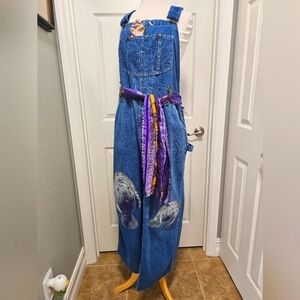 Denim Overall Dress Jumper with Manatee Embelishments And Floral Back Pockets